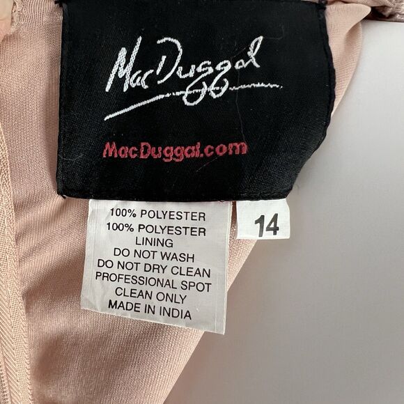 Mac Duggal Size 14 Gown Sequined Beaded Puff Sleeve Deep V Neck Blush Pink - Picture 9 of 12